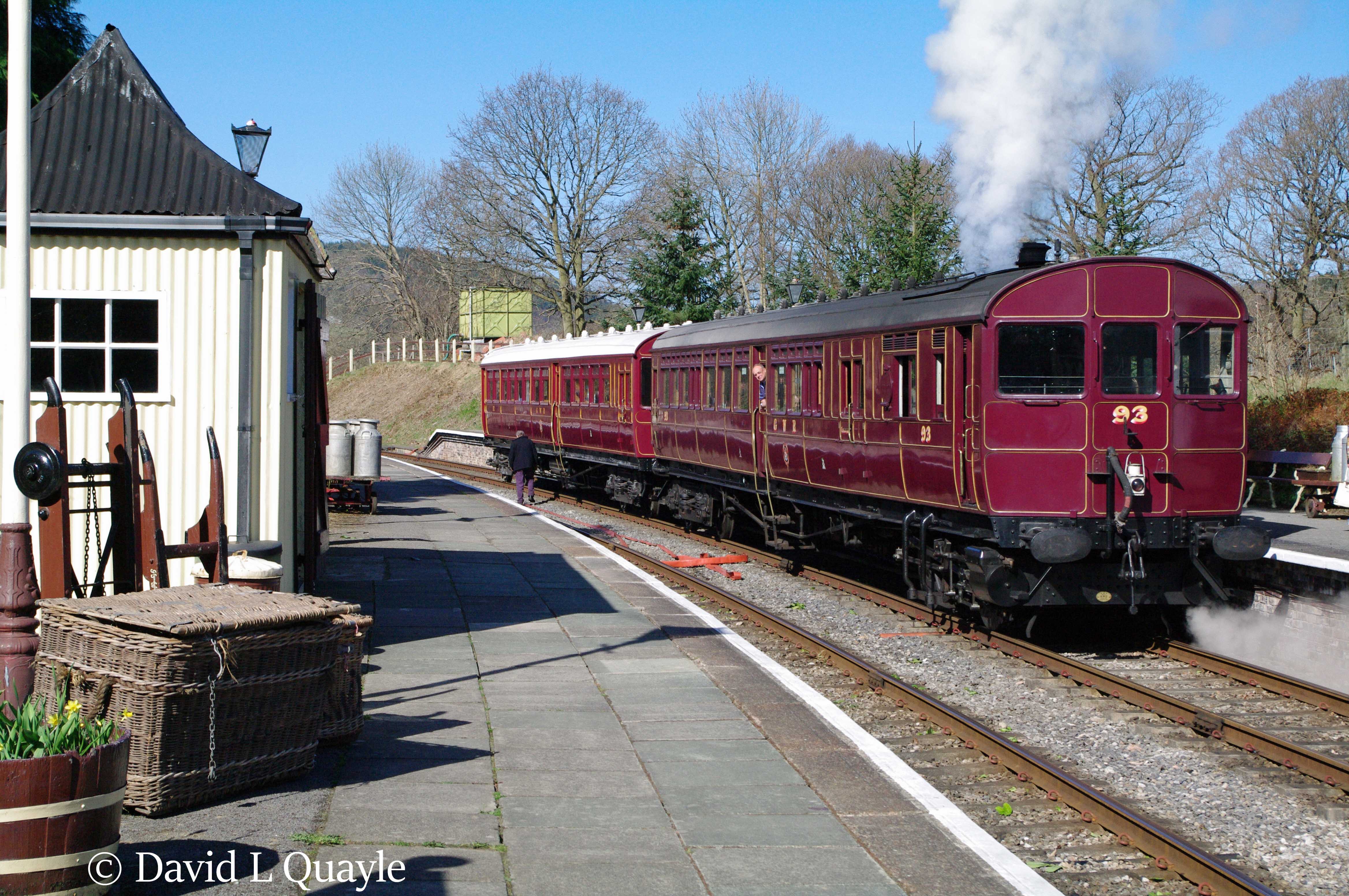 This image has an empty alt attribute; its file name is steam-railmotor-93-and-autotrailer-92-at-glyndyfrdwy-on-the-llangollen-railway-april-2013.jpg